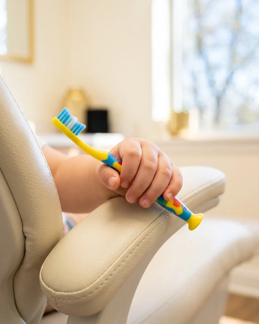 A young child's hand holding a small toothbrush at a dental visit.
